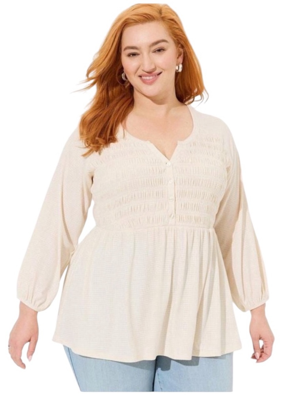 TORRID Cream Smocked Babydoll Henley Top Size 3 Plus Stretch NWOT Boho